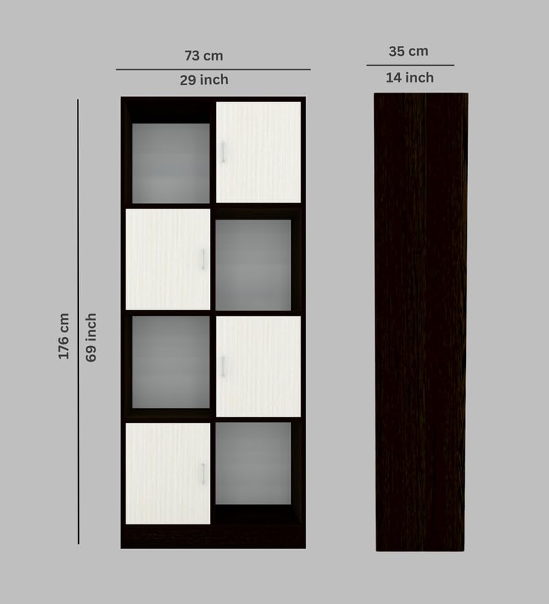 Image of SPECIALITY PANELS 8 Shelf Bookcase with 4 Open and 4 Closed Shutters, Black and Beige, 73x35x176 cm, Carpenter Assembly Included