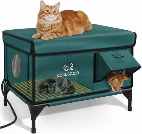 Indestructible Heated Cat House for Outside Winter 100% Waterproof Safe Escape Door Insulated Outdoor Cat Shelter with Heater for Feral Barn Cat Kitty (Forest Green 27x17x18)
