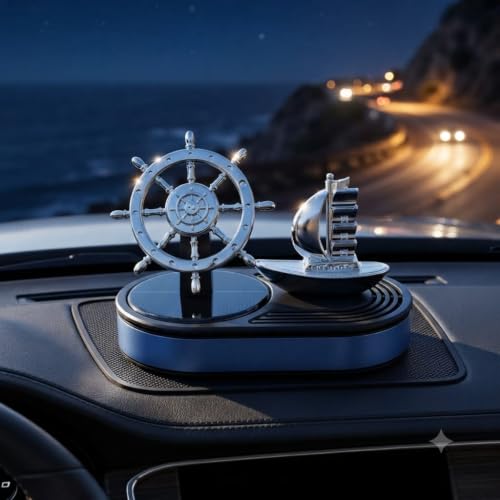 Image of Premium Solar Powered Rotating Ship Wheel Car Air Freshener | Solar Panel Powers The Automatic Rotation Of The Ship And Steering Wheel Under Sunlight. No Batteries Or Charging Required.