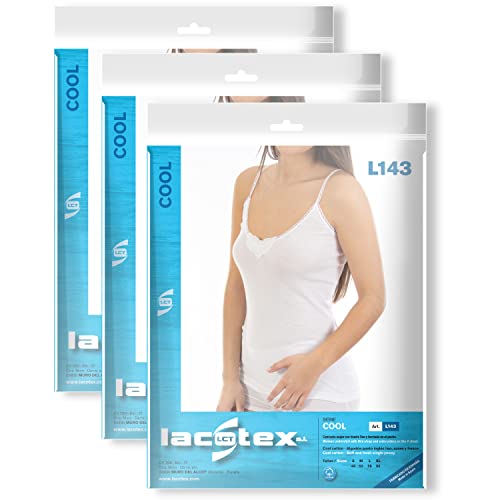 Lacotex Camiseta Interior Punto Inglés Liso de Mujer | Camiseta De Tirante Fino y Bordado en el Pico | Confort y Suavidad | Pack Ahorro 3 Unidades | Talla XL LCT143