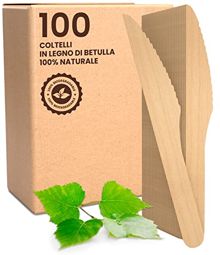 Baciato Caffè 100 cuchillos ecológicos de madera de abedul desechables, 100% naturales, biodegradables y compostables, cubiertos desechables