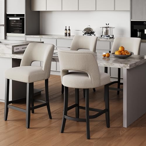 keoni 26'' Counter Height Bar Stools Set of 4, Upholstered Bar Stools with Black Wood Legs, Modern Counter Stools with Back for Kitchen Island and Home Bar, Beige