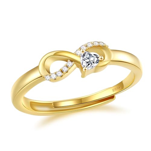 Macachii Anillos de Compromiso Mujer Plata de Ley 925 con Corazón de Zirconia y Amor Infinito, Ajustables con 14K Baño de Oro – Anillos de Promesa, Regalo para Mujer, Anillos Plata y Oro