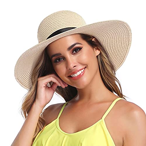 GTETKDE Sun Hats for Women Floppy Beach Hats Roll up Straw Summer Hats Foldable Wide Brim Hat with UV Protection (RB-Beige)