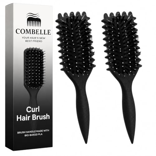 Image of Combelle 5-in-1 Curl Hair Brush, Vegan Boar Bristles, Bio-Baked PLA Handle, Detangling and Frizz Control for Curly Hair - Black (Pack of 2)
