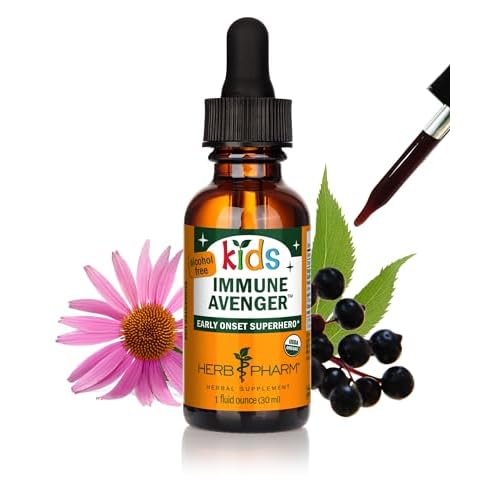 Herb Pharm Kids Organic Immune Avenger with Black Elderberry & Kids Echinacea, Ginger & Cinnamon| Alcohol-Free, Non-Bitter Toddler Immune Support Supplement, Easy Absorption, 1 Oz