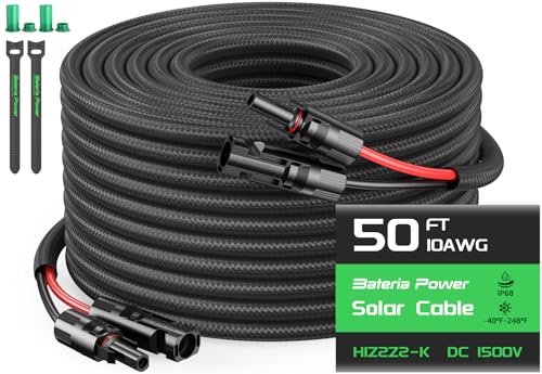 Bateria Power 1 Pair 50FT Solar Cables, 10 Gauge Solar Extension Cable with IP68 Female & Male...