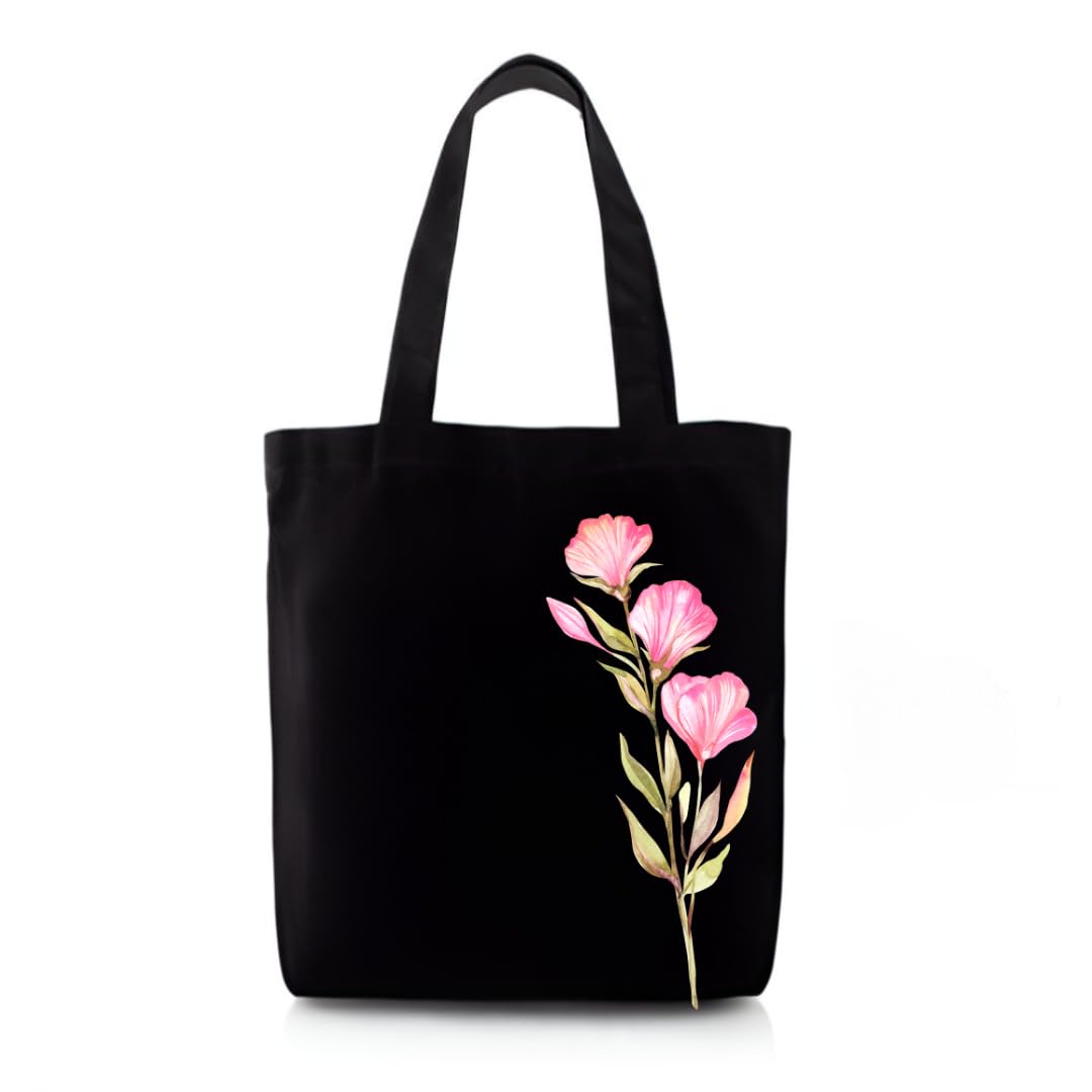Toteaa Pink Blossom Stem Black Tote Bag | Minimal Floral Printed Cotton Bag for Women | Zipper-picture-50