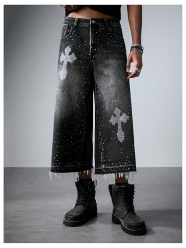 Verdusa Men's Cross Rhinestone Cropped Jeans Wide Leg Denim Pants with Pockets3