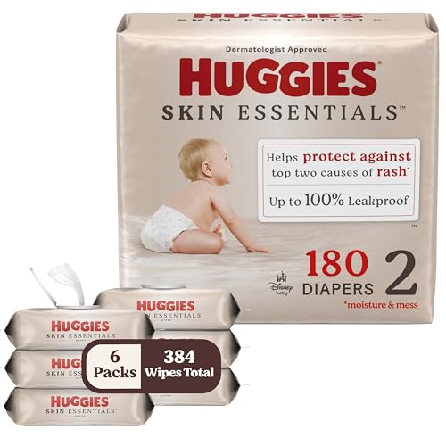 Image of Bundle of Huggies Size 2 Diapers, Skin Essentials Baby Diapers, Size 2 (12-18 lbs), 180 Count (3 Packs of 60) + Huggies Skin Essentials Baby Wipes, 99% Water, 6 Flip Top Packs (336 Wipes Total)