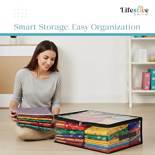 Image of Transparent Plastic Clothes Storage Bag(Pack of 4) |Clothes Organiser for Wardrobe | Saree Covers with zip |Saree Organizer for Wardrobe |Saree Bags Storage (PACK OF 4)18x12x6.5,inch