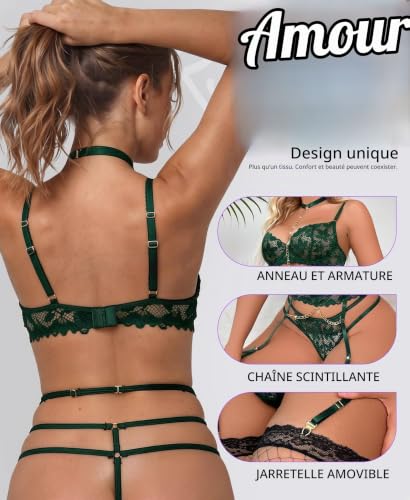RSLOVE Lingerie Sexy avec Porte-jaretelle Ensemble Lingerie Femme 3 Pièces avec Collier Vert S – vue 4