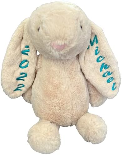 Vista 6 de Conejo de Pascua de peluche personalizado, relleno de cesta, bordado con nombre para niños (azul)