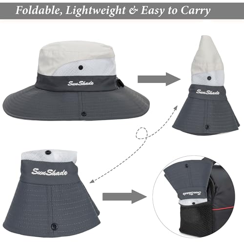 Image of Sun Hat for Women Summer UV Protection Beach Hat Wide Brim Mesh Bucket Fishing Hat with Ponytail Hole Foldable Packable Hat