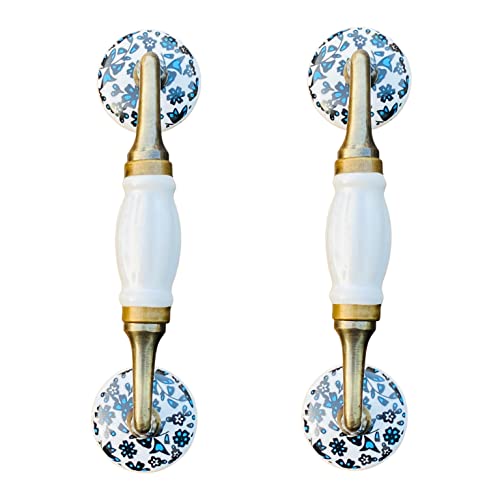 Image of Maison Belle- Art & Craft Ceramic Door Handle Gold Antique Finish - (Size 7 Inch) - Hole to Hole 5 INCH (Pack of 1) (White 7 INCH - Blue Flower KNOBS)