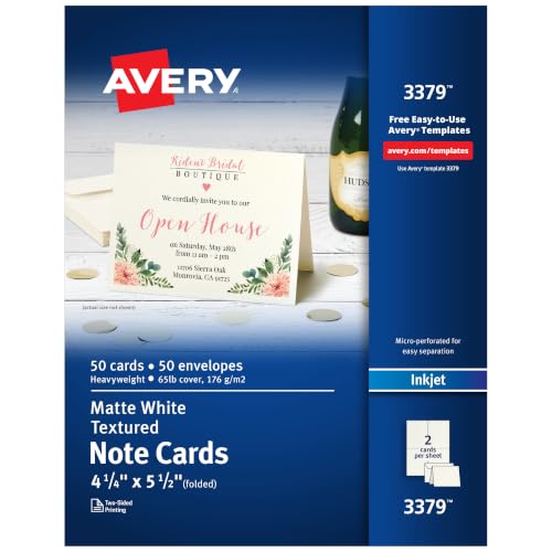 Avery Printable Note Cards, Envelopes Included, 4.25" x 5.5", Textured White, Inkjet Printer Compatible, 50 Blank Cards Total, Great for Product Branding, Marketing, and More (3379)