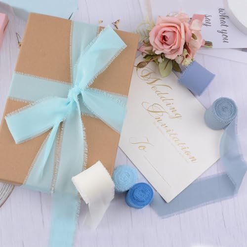 URROMA Chiffonbänder, 6 Rollen, Blaue Serie, Seidenband, gemischte Farben, Fransen mit ausgefransten Kanten, Stoff für Hochzeitseinladungen, Brautstrauß, Bastelarbeiten