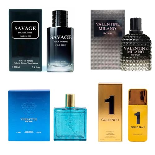 Signature Scent 4-Piece Fragrance for Men Includes Savage/1 Billion/Versatile/Valentine Milano of Woody, Spicy, Citrus & Aromatic Fragrance Each One in 100ml Bottle