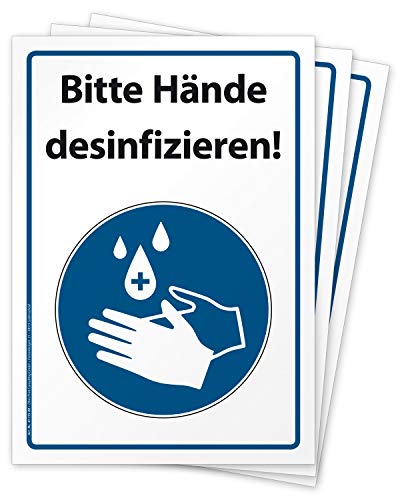 Preisvergleich Produktbild 3 hochwertige Aufkleber Bitte Hände desinfizieren, Hinweisschild, Folie selbstklebend DIN A4 (210 x 297 mm)