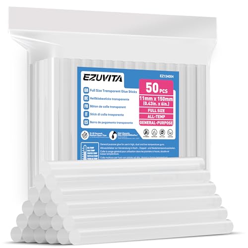 EZUVITA Lot de 50 Bâtons de Colle Chaude Pleine Taille, 11 x 150mm, Bâtonnets de Colle Transparents Universels pour Pistolet à Colle Chaude, Idéal pour Bricolage, Artisanat, Loisir