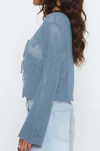 Image of Balimtoy Women Tie Front Cardigan Crochet Sweater Crop Tops Cute Bell Long Sleeve Knit Shrug Beach Vacation Cover Up
