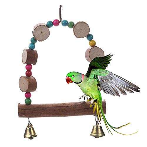 strimusimak Parrot Wooden Hanging Swing Stand Bite-resistant Chewing Toy Beads Bell Toy for Pet Birds Supplies Wood Color