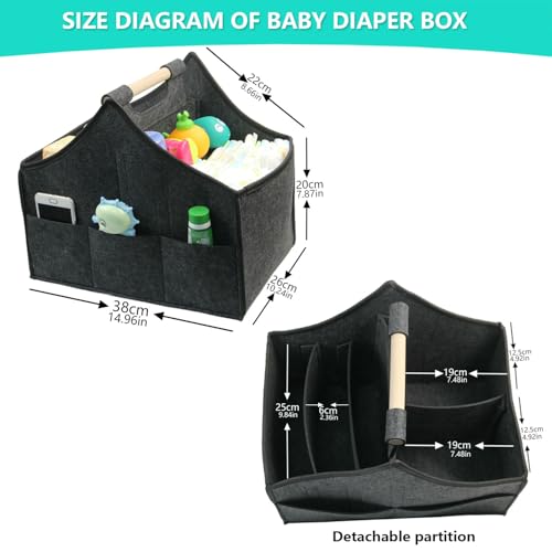 Image of Baby Diaper Caddy Organizer,car felt caddy, baby product storage basket, solid wood handle, detachable partition storage basket for daycare,Best Gift Basket for Babies (black)