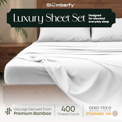 Image of Slumberfy 4-Piece 400 TC Viscose Derived from Bamboo Sheets, Cal-King Size - 1 Fitted, 1 Flat, 2 Pillow Cases - Deep Pocket Cooling Viscose-Bamboo Bed Sheets in Magnetic Closure Gift Box, White
