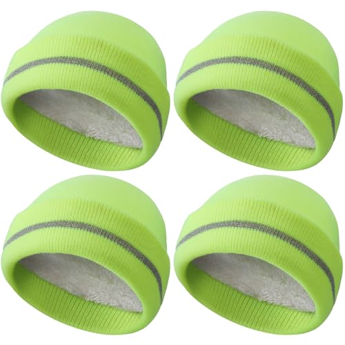 Suhine 4 Pack Men Hi Vis Winter Safety Hats Fleece Lined Hi Vis Beanies with Reflective Stripes Fluorescent Hats for Outdoor(Neon Yellow)