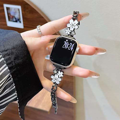Bracelet métal fleurs noir et blanc et coque iWatch Ultra 49 mm