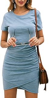 BTFBM Women’s 2020 Casual Crew Neck Ruched Stretchy Bodycon T Shirt Short Mini