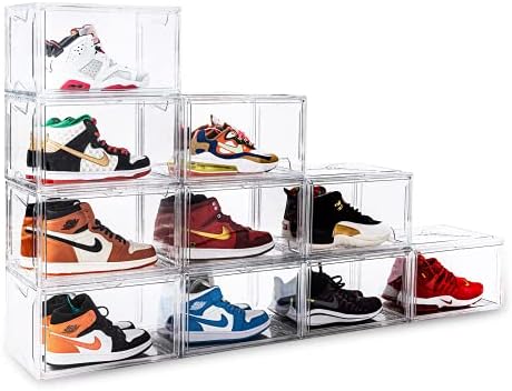 Shoe Boxes Clear Plastic Stackable 10 Pack Sneaker Storage Boxes with Magnetic Door, Acrylic Boxes for Display, Strong and Sturdy Fit Shoe Size Up to US 15