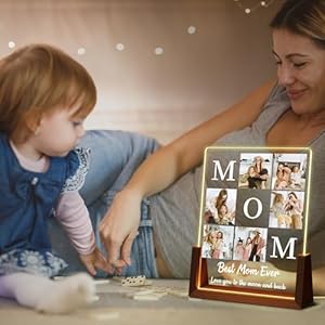 Personalized mothers day gifts for mom custom acrylic plaque printed with photos text custom walnut picture frame with led night light birthday gifts for mom wife from daughter son husband  urban country home decor
