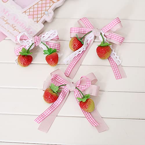 March9 Women Teen Girls Sweet Cute Strawberry Hair Bow Clips Barrettes Pink Lace Little Girl Decoration Assorted Accessories Alligator Braid Ornaments (Pink2), One Size #TOP3