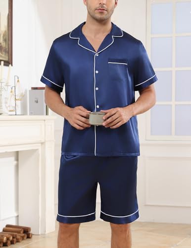 Image of Veseacky Mens Silk Satin Pajamas Set Short Sleeve Sleepwear Button-Down Pjs Sets Two-Pieces Loungewear with Pockets S-XXL