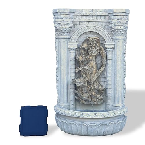 Image of XBrand 30.3 inch Solar Outdoor Wall Water Fountain with Gold Flower Maiden Statue, Cascading Antique Stone Design, Garden & Patio Waterfall Feature, Polyresin Construction, Cream White