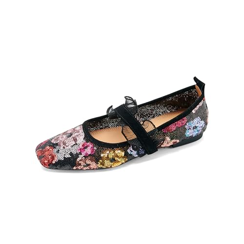Mesh Mary Jane Ballet Flats Women Sequins Flower Square Toe Flats Ladies Comfortable Embroidered Slip on Soft Ballerina Shoes