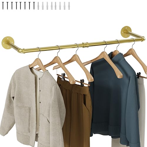 RSFMAS Wall Mounted Clothes Rack, Industrial Pipe Clothing Rack 28 Inch Gold, Wall Clothes Hanger for Bedroom, Cloakroom, Closet, Hallway, Boutique Display, Drying Racks Wall-Mount for Laundry