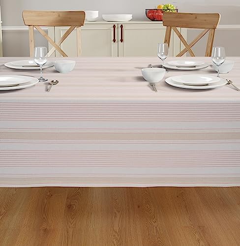 Pink-Taupe 100% Ring Spun Cotton Dobby Stripe Tablecloth Mitered Stitched | for Kitchen Dining | Decoration | Parties | Weddings | (Rectangle, 60"X104")
