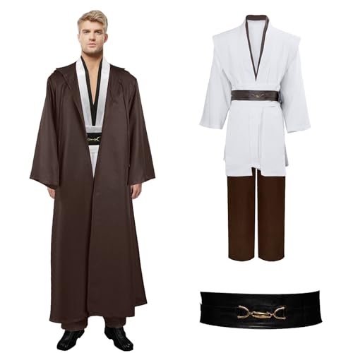Moiuguli Disfraz Jedi Adulto, Obi Wan Kenobi Túnica Jedi Túnica con Capucha Capa, 7 Piezas Medieval Halloween Carnaval Cosplay, Disfraz de Caballero Set de Accesorios