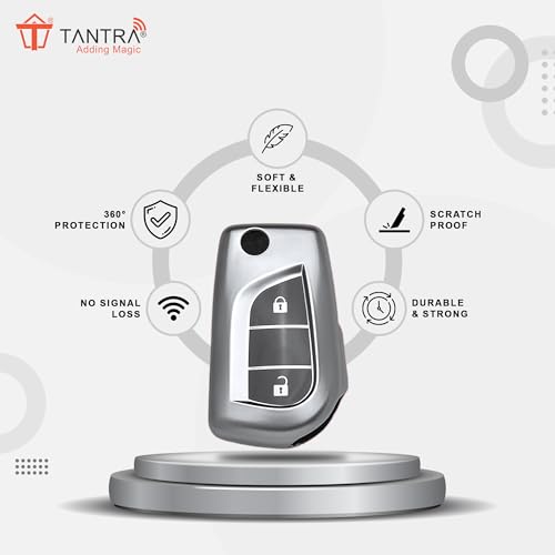 Image of SIAGO TPU Key Cover and Round Keychain Compatible for Toyota Corolla | Altis | Innova Crysta 2 Button Car Smart Key (Grey)