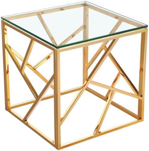 Uptown Club Calypso - Mesa auxiliar cuadrada de vidrio templado de 20 pulgadas, muebles modernos de sala de estar con marco de acero inoxidable