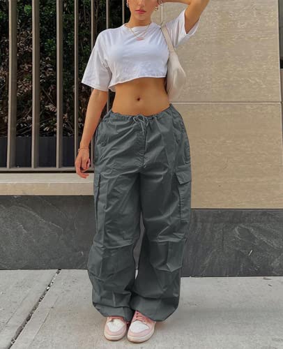Neyaolk Parachute Pants For Women, Cargo Pants Women Baggy, Drawstring Low Waist Baggy Jogger Relaxed Y2K Pants Grey M #TOP3