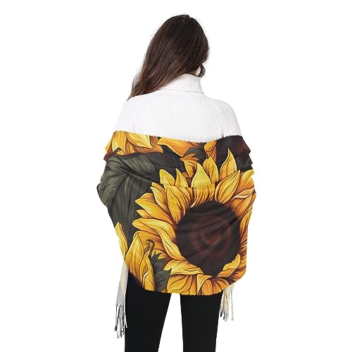 Vnurnrn Cashmere Feel Scarf for Women, Soft Warm Single-sided Black Yellow Sunflower Print, Fashion Pashminas Shawl Wrap Large Size with Tassels4