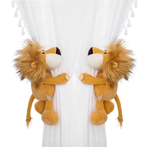 Image of Vmogeicons Curtain Tiebacks, 1 Pair Cute Animal Curtain Holdbacks for Drapes, Buckle Hook Fastener Curtain Tie Backs Holder for Nursery Decor, Kids Bedroom Window Decorations (Lion)