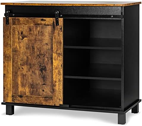 GiantexUK Single Door Sideboard, Wooden Storage Cabinet with Wine Rack & Shelves, Industrial Buffet Cupboard for Kitchen, Hallway, Living Room and Dining Room