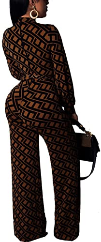 Elegant Brown Jumpsuits for Women Dressy Sexy Long Sleeve Long Straight Pants Party Club Jumpsuit with Belt Zipper