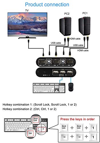 Rybozen Switch KVM HDMI 2 Porte, 3 hub USB 2.0, UHD 4K a 30 Hz, Supporta Tastiera e Mouse, Nessun Potere richiesto, con Cavi HDMI e USB