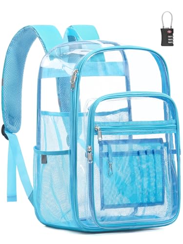 Flowston Extra Large Clear Backpack with TSA Lock Heavy Duty Transparent See Through Clear Bookbag for College Work Travel Casual Sport Light Blue