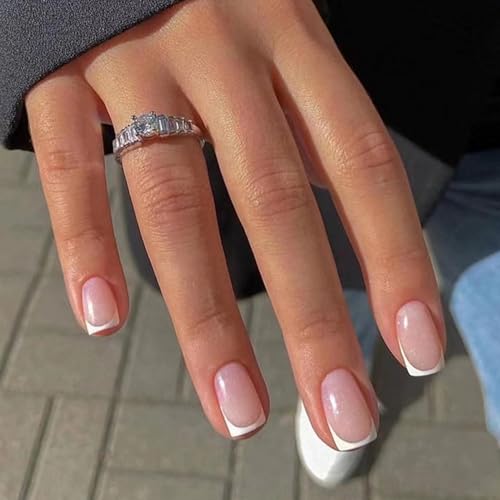 24 Pezzi Unghie Finte Corte Quadrate Nudo Rosa Premere sulle Unghie Copertura Completa French Bordo Bianco Adesive Artificiali Unghie Finte Effetto Naturale per Donna Ragazze Manicure Fai da Te